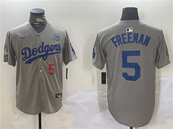 Men%27s Los Angeles Dodgers #5 Freddie Freeman Gray 2024 World Series With No. 34 Patch Limited Stitched Jersey->los angeles dodgers->MLB Jersey